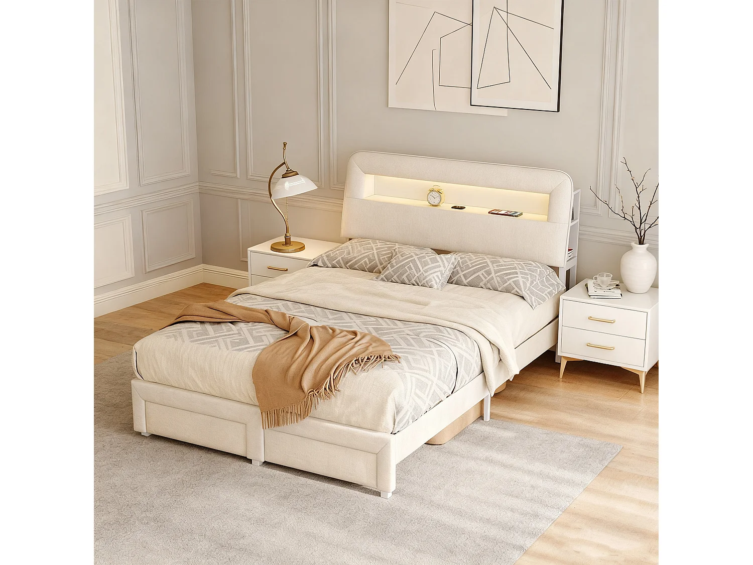 Cadre de lit 140x190 cm -Rangement de tête de lit - LED - USB - avec Sommier à Lattes - Velours - Beige