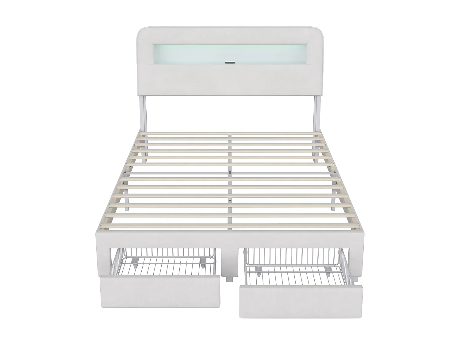 Cadre de lit 140x190 cm -Rangement de tête de lit - LED - USB - avec Sommier à Lattes - Velours - Beige