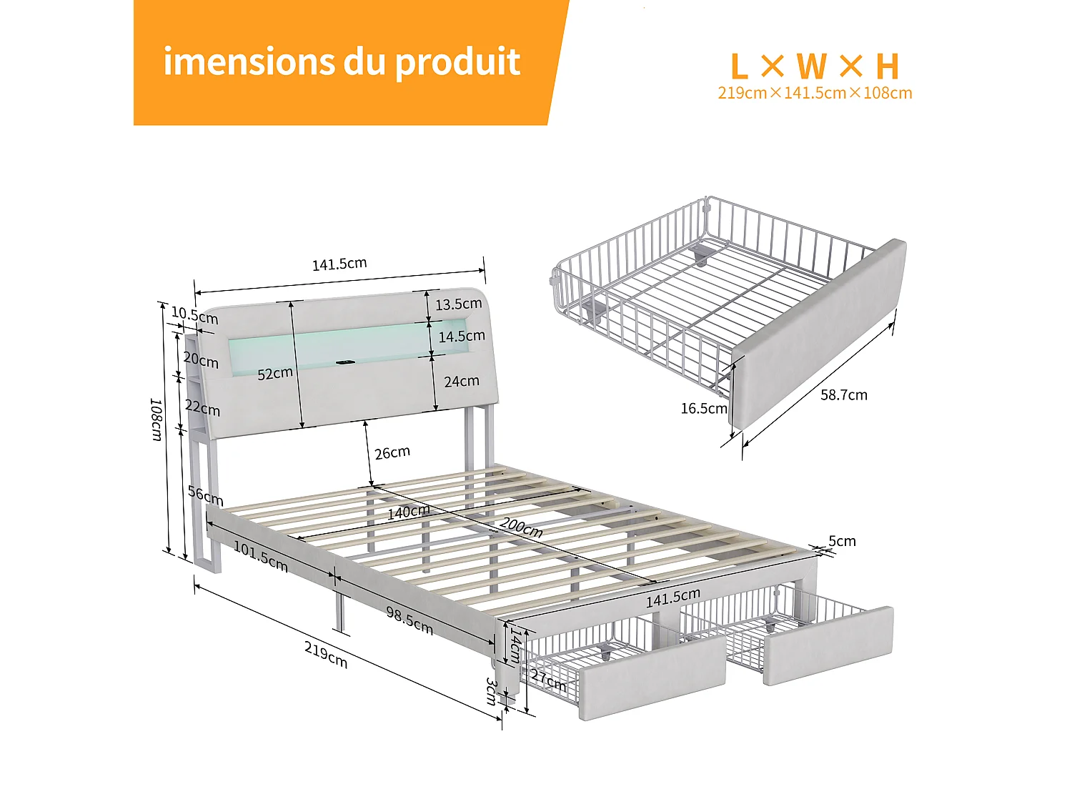 Cadre de lit 140x190 cm -Rangement de tête de lit - LED - USB - avec Sommier à Lattes - Velours - Beige