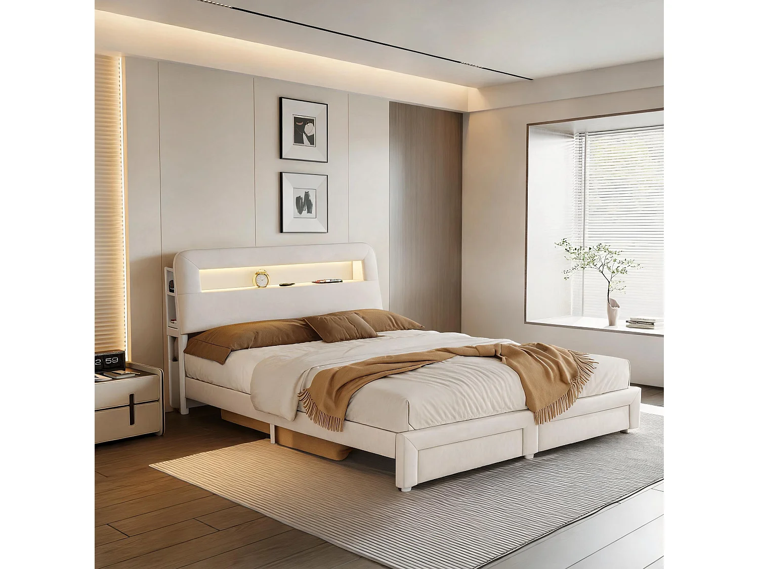 Cadre de lit 140x200 cm avec tête de lit avec rangement, sommier à lattes, LED et ports USB, revêtement en velours beige