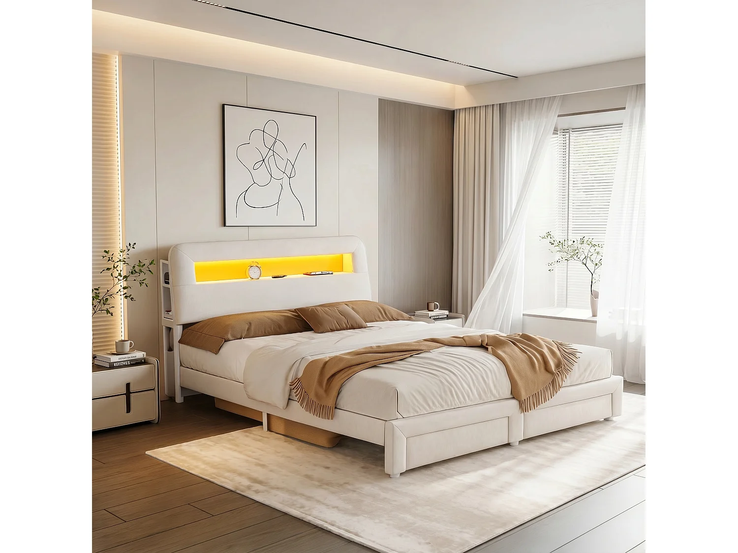 Cadre de lit 140x200 cm avec tête de lit avec rangement, sommier à lattes, LED et ports USB, revêtement en velours beige
