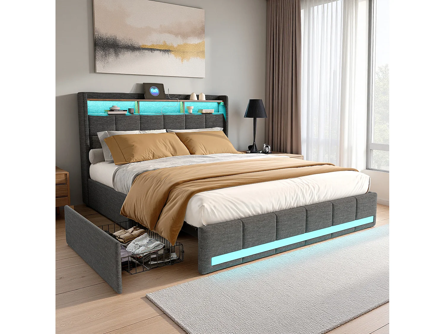 Lit 140x190 cm, USB et Type-C, RGB LED, tiroirs,  lit adulte, cadre de lit double 140x190 cm, Lin, gris
