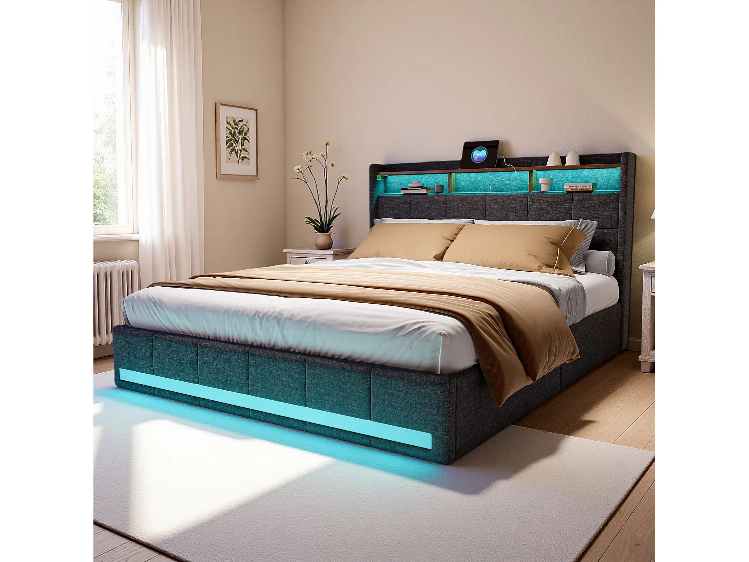 Lit 140x190 cm, USB et Type-C, RGB LED, tiroirs,  lit adulte, cadre de lit double 140x190 cm, Lin, gris