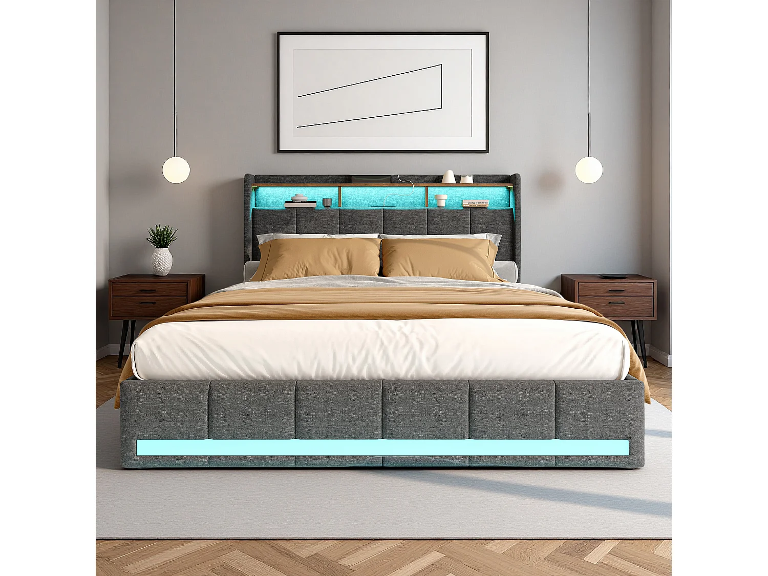 Lit 140x190 cm, USB et Type-C, RGB LED, tiroirs,  lit adulte, cadre de lit double 140x190 cm, Lin, gris