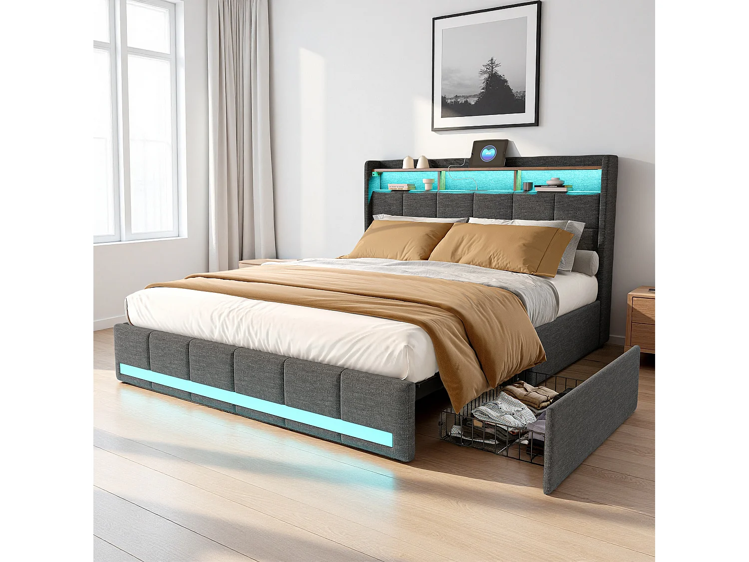 Lit 140x190 cm, USB et Type-C, RGB LED, tiroirs,  lit adulte, cadre de lit double 140x190 cm, Lin, gris