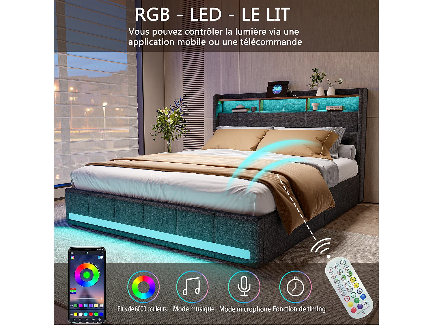 Lit double 140 x 190 cm - Lit adulte avec tiroirs de rangement, LED RGB, ports USB et Type-C - tissu effet lin gris