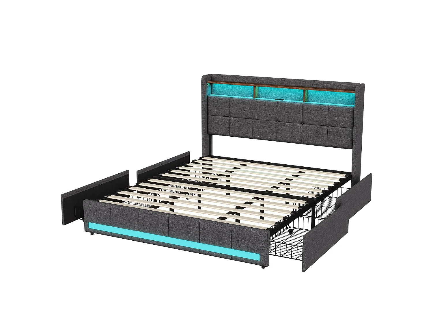 Lit double 140 x 190 cm - Lit adulte avec tiroirs de rangement, LED RGB, ports USB et Type-C - tissu effet lin gris