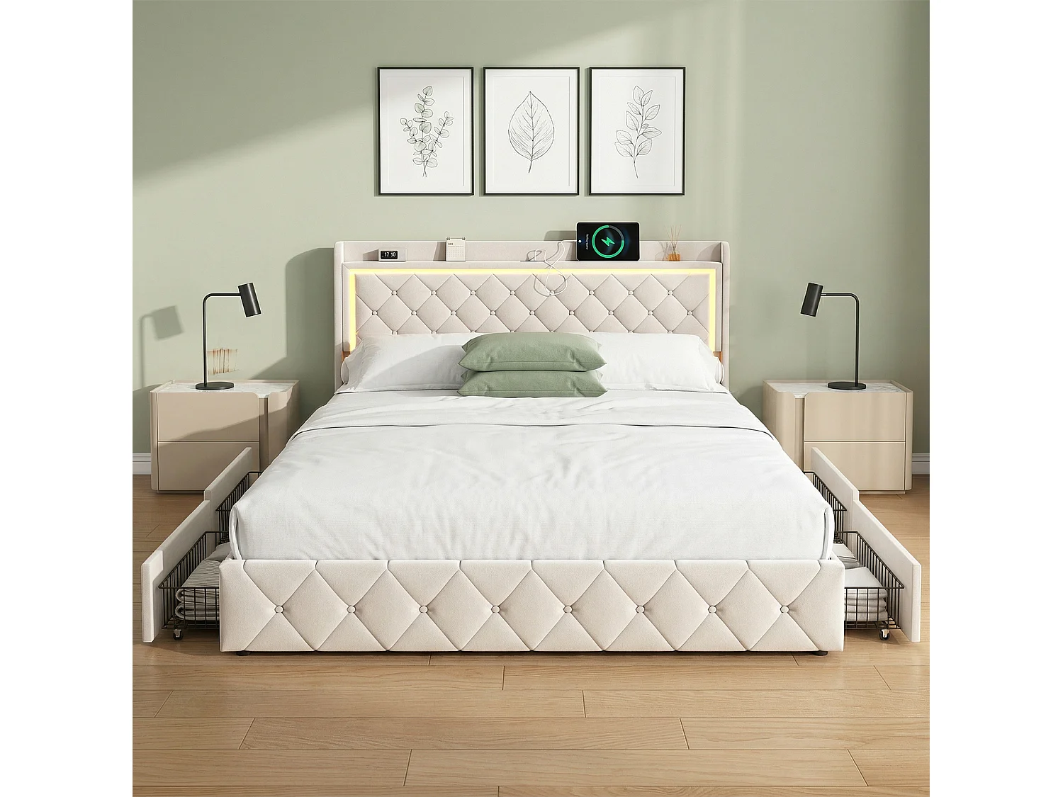 Lit adulte avec 4 tiroirs - 140x190 cm - LED intégrée et Charge USB - Sommier à lattes - 2 places - Tissu en velours - Beige