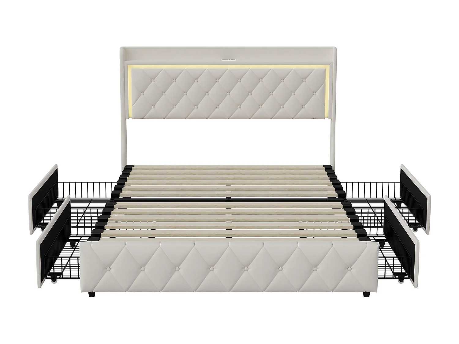 Lit adulte avec 4 tiroirs - 140x190 cm - LED intégrée et Charge USB - Sommier à lattes - 2 places - Tissu en velours - Beige