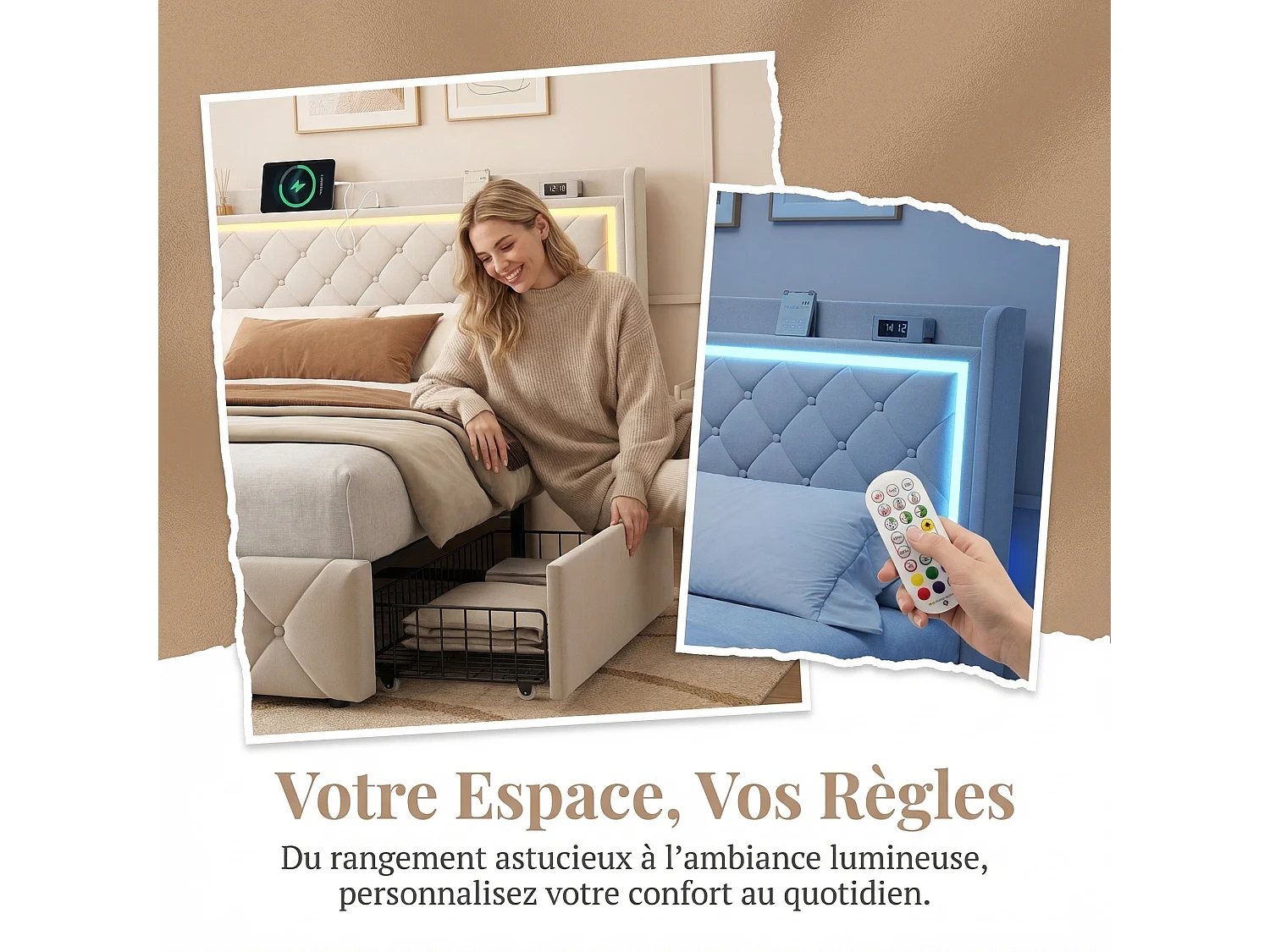 Tweepersoonsbed 140x190 cm met 4 Lades, LED-Verlichting en USB-Aansluiting, Gestoffeerd Fluwelen Bed met Lattenbodem Beige