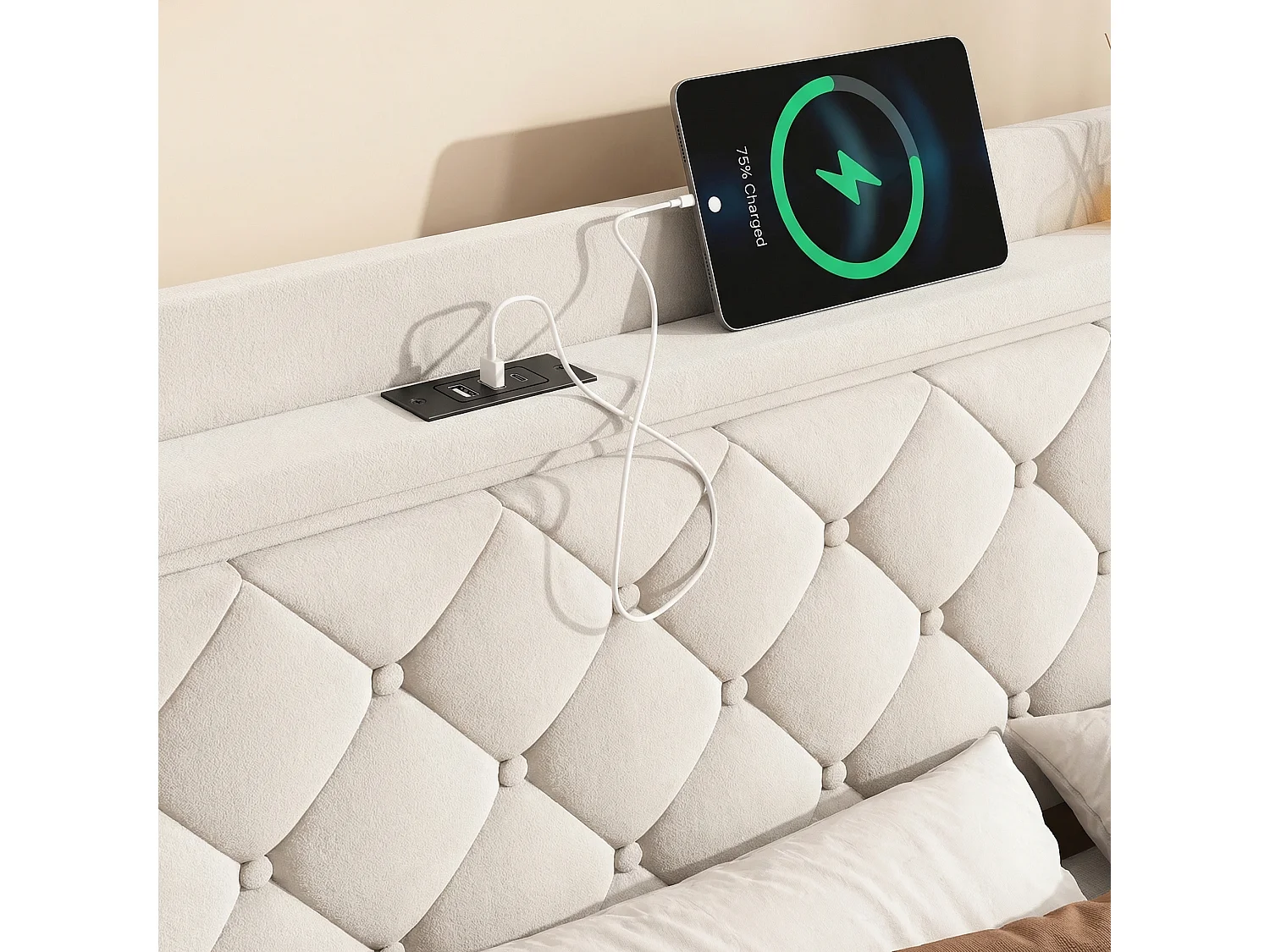 Tweepersoonsbed 140x190 cm met 4 Lades, LED-Verlichting en USB-Aansluiting, Gestoffeerd Fluwelen Bed met Lattenbodem Beige