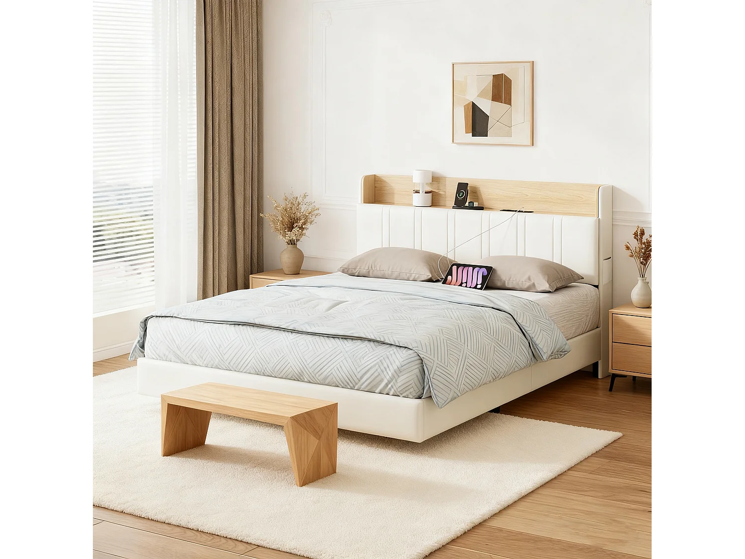 Lit 140x190 cm NEXU, Lit flottant en PU avec Tête de Lit et Sommier à Lattes, USB et LED, Lit Adulte pour 2 Personnes, Blanc