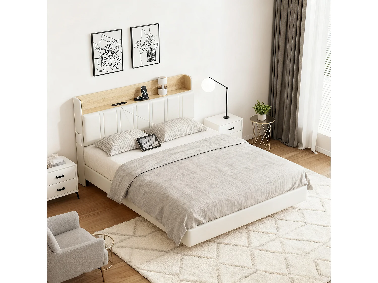 Lit 140x190 cm NEXU, Lit flottant en PU avec Tête de Lit et Sommier à Lattes, USB et LED, Lit Adulte pour 2 Personnes, Blanc