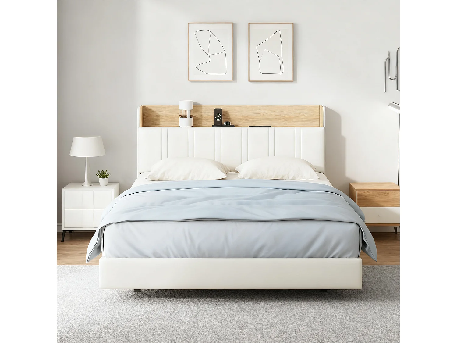 Lit 140x190 cm NEXU, Lit flottant en PU avec Tête de Lit et Sommier à Lattes, USB et LED, Lit Adulte pour 2 Personnes, Blanc