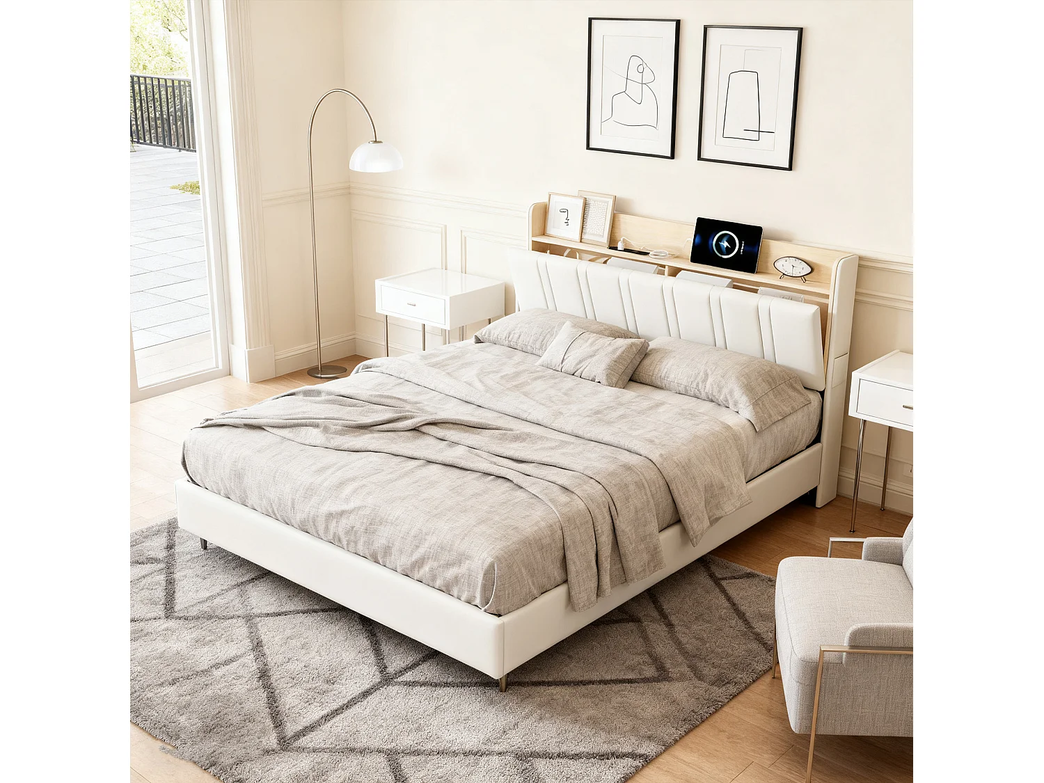 Lit 140x190 cm NEXU, Lit flottant en PU avec Tête de Lit et Sommier à Lattes, USB et LED, Lit Adulte pour 2 Personnes, Blanc