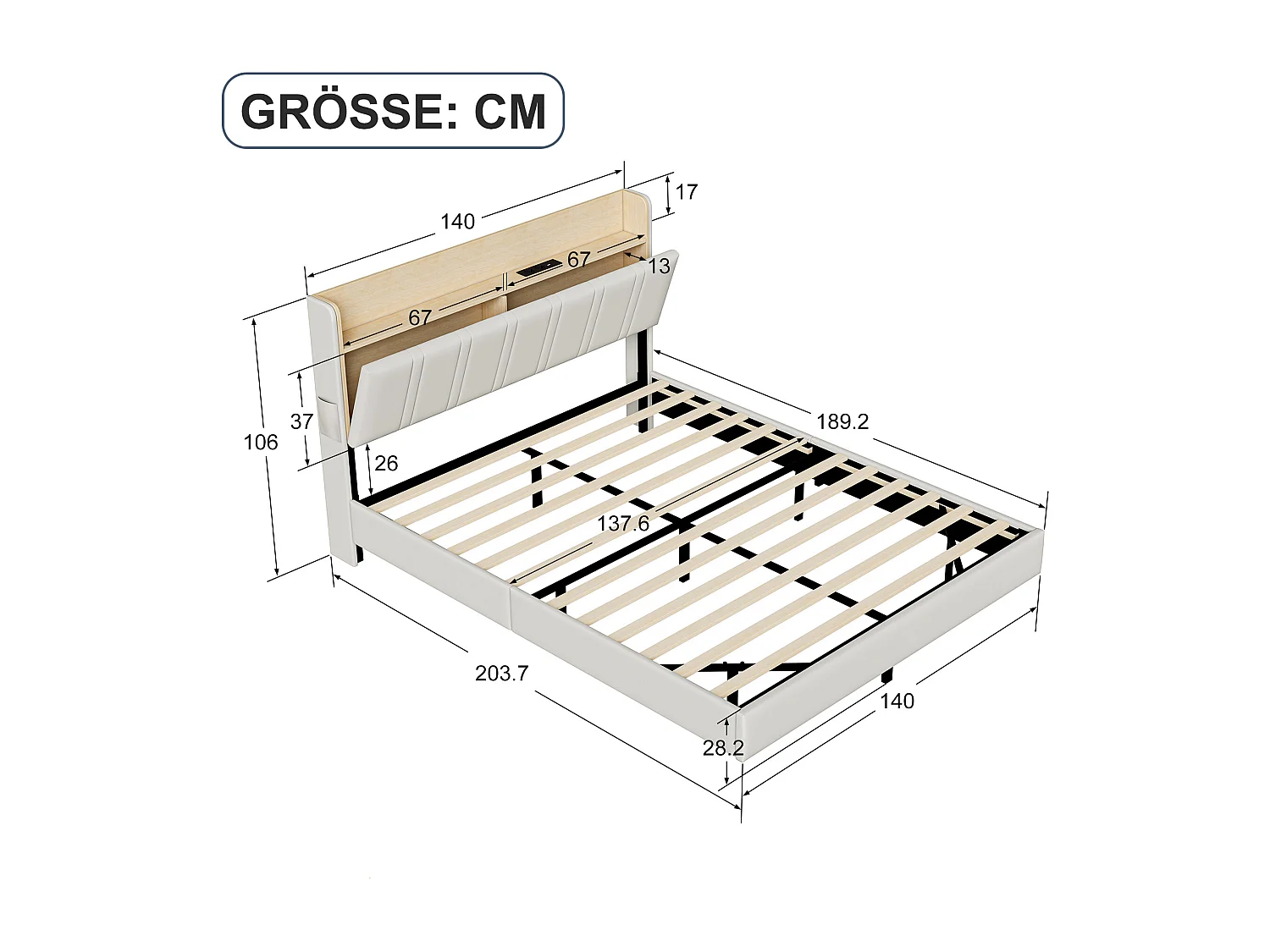 Lit 140x190 cm NEXU, Lit flottant en PU avec Tête de Lit et Sommier à Lattes, USB et LED, Lit Adulte pour 2 Personnes, Blanc