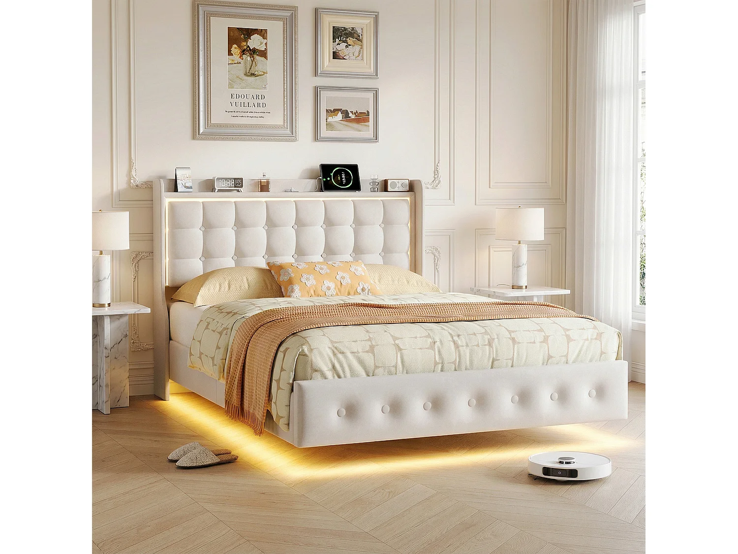 Lit 160x200 cm - NEXU - USB et LED - Tête de lit et cadre de lit à lattes - Velours blanc - 2 places