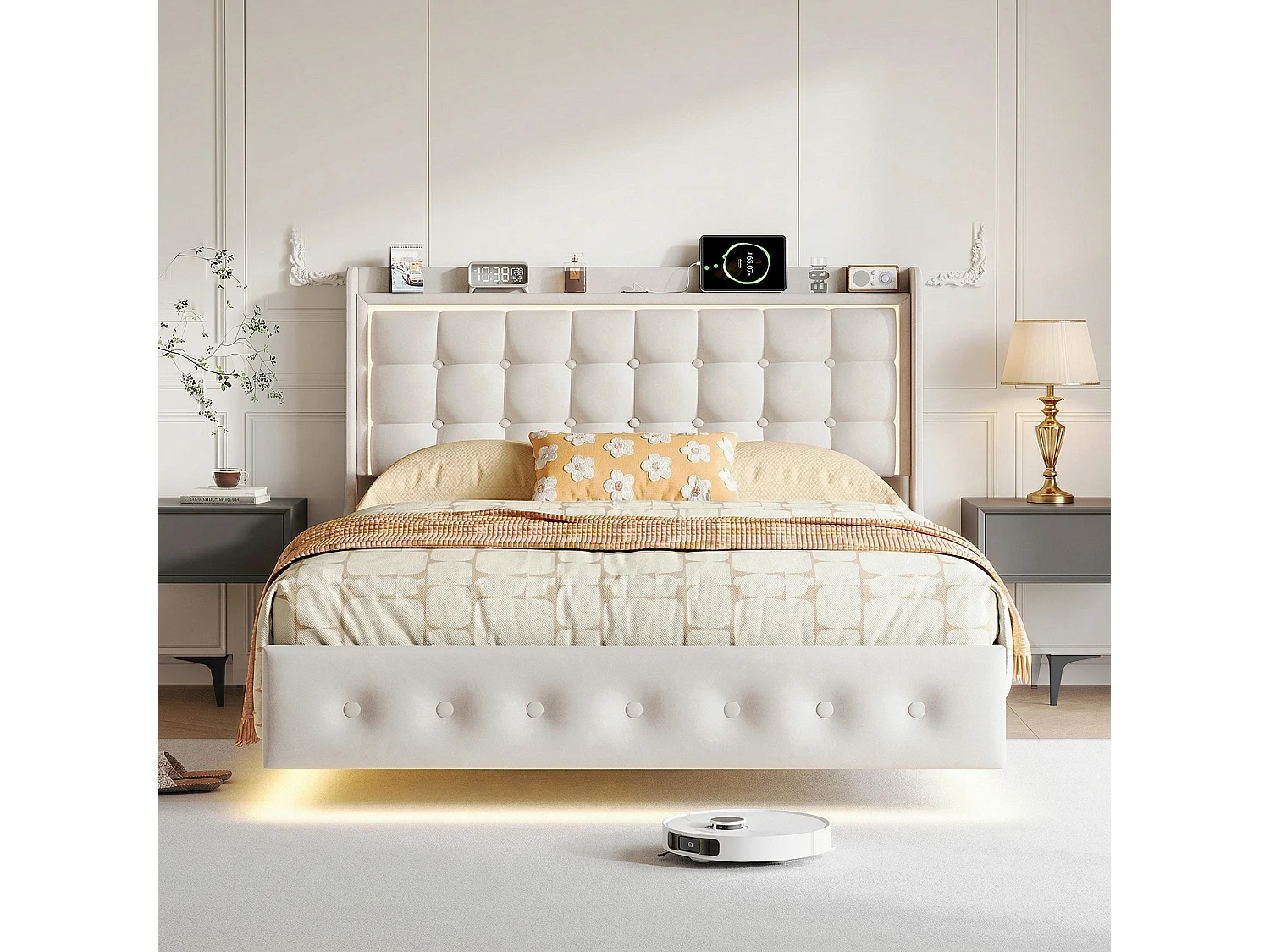 Lit 160x200 cm - NEXU - USB et LED - Tête de lit et cadre de lit à lattes - Velours blanc - 2 places