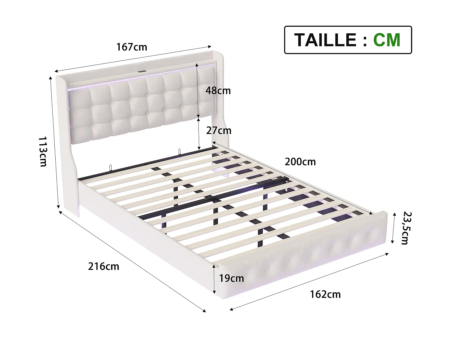 Lit 160x200 cm - NEXU - USB et LED - Tête de lit et cadre de lit à lattes - Velours blanc - 2 places
