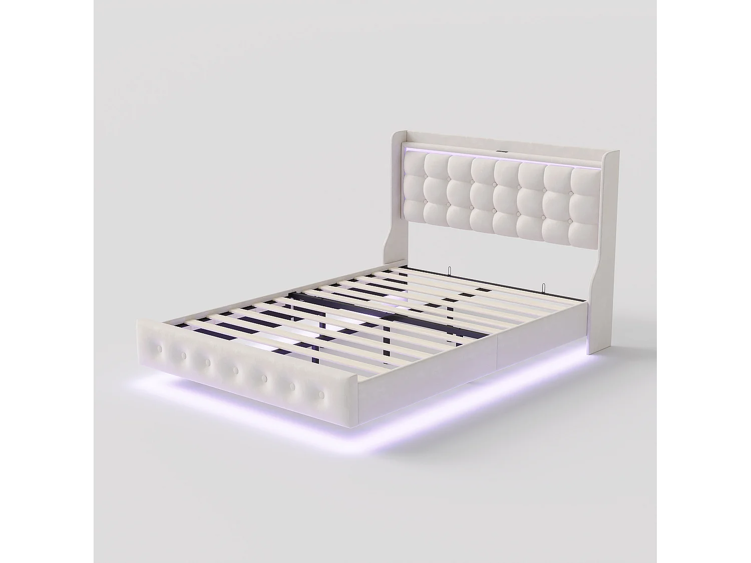 Lit 160x200 cm - NEXU - USB et LED - Tête de lit et cadre de lit à lattes - Velours blanc - 2 places