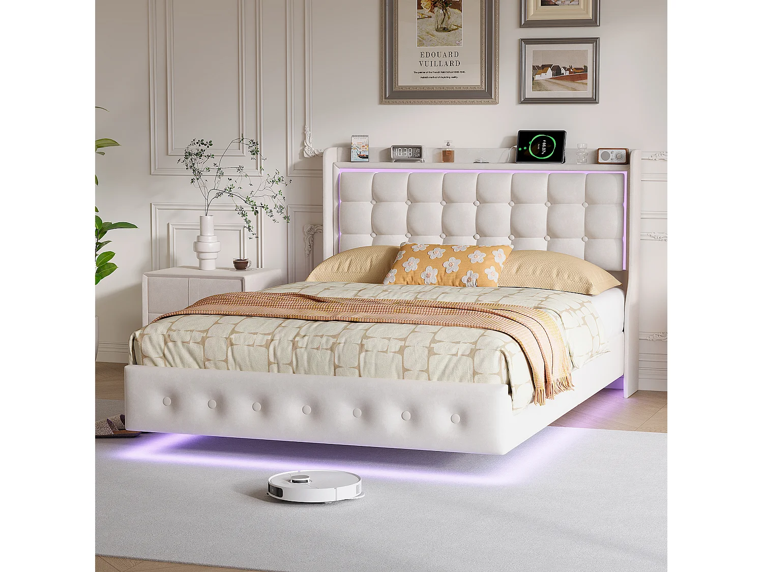 Lit flottant NEXU 160x200 cm en velours blanc - Lit double adulte avec tête de lit, sommier à lattes, éclairage LED intégré et port USB