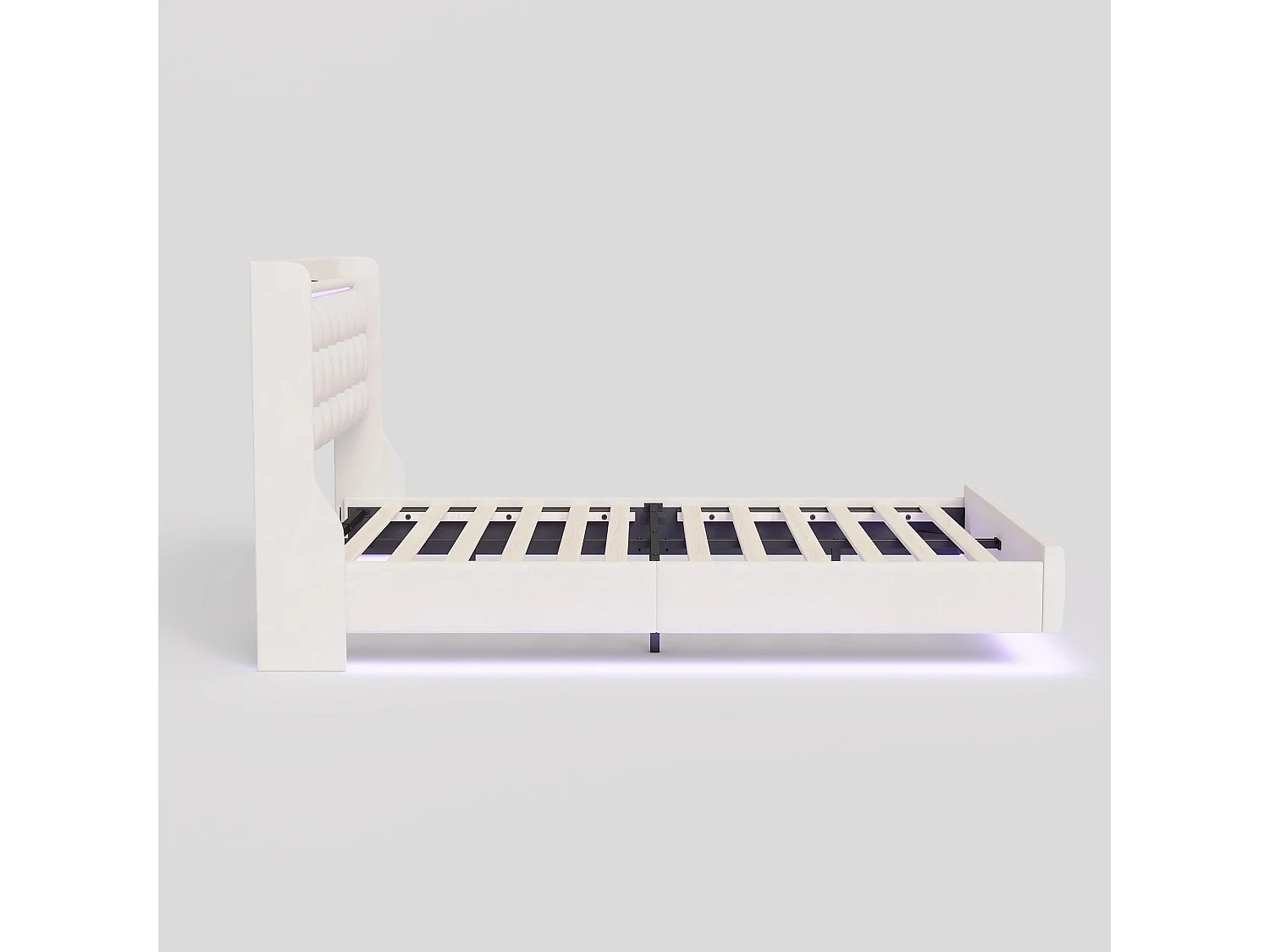 Lit flottant NEXU 160x200 cm en velours blanc - Lit double adulte avec tête de lit, sommier à lattes, éclairage LED intégré et port USB
