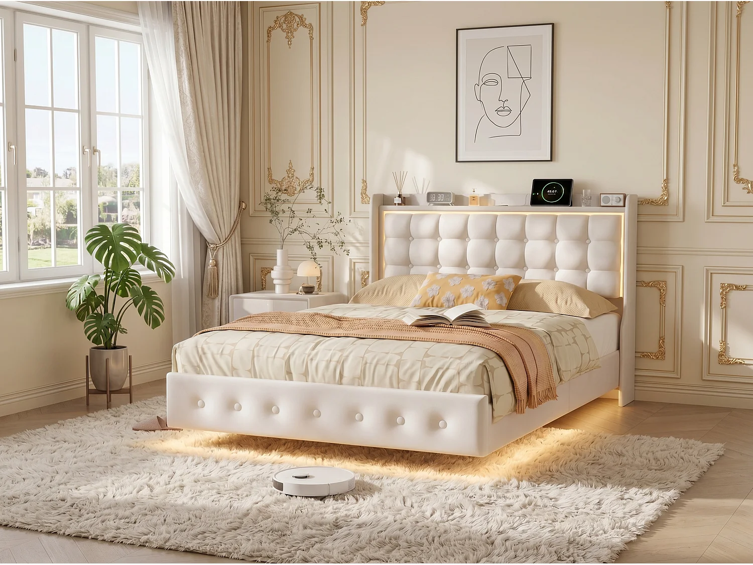 Lit flottant NEXU 160x200 cm en velours blanc - Lit double adulte avec tête de lit, sommier à lattes, éclairage LED intégré et port USB