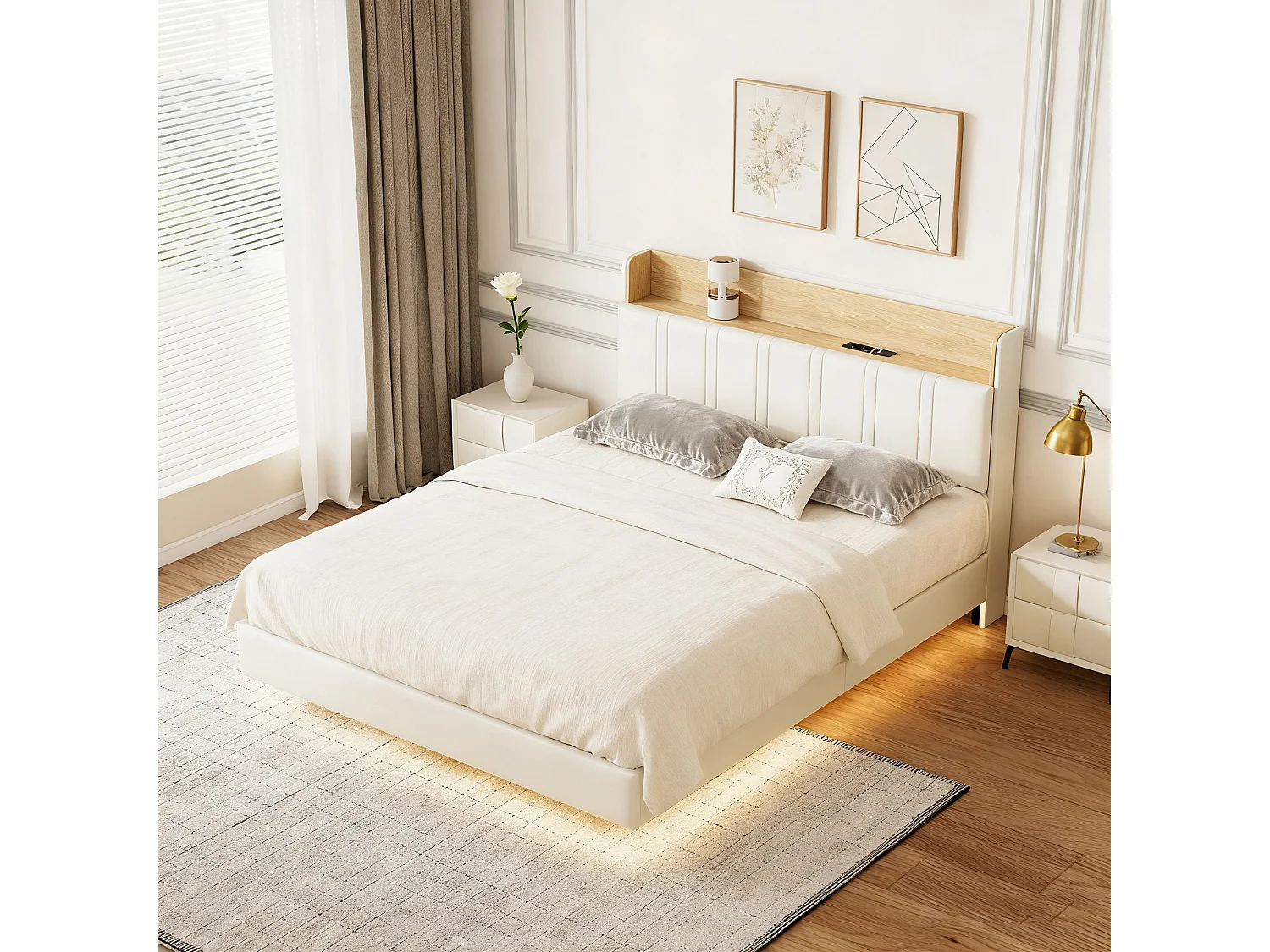 Lit 140x200 cm - USB - LED réglable - Avec casiers - Sac en tissu - lit flottant - cadre de lit double 140x200 cm - PU - Blanc