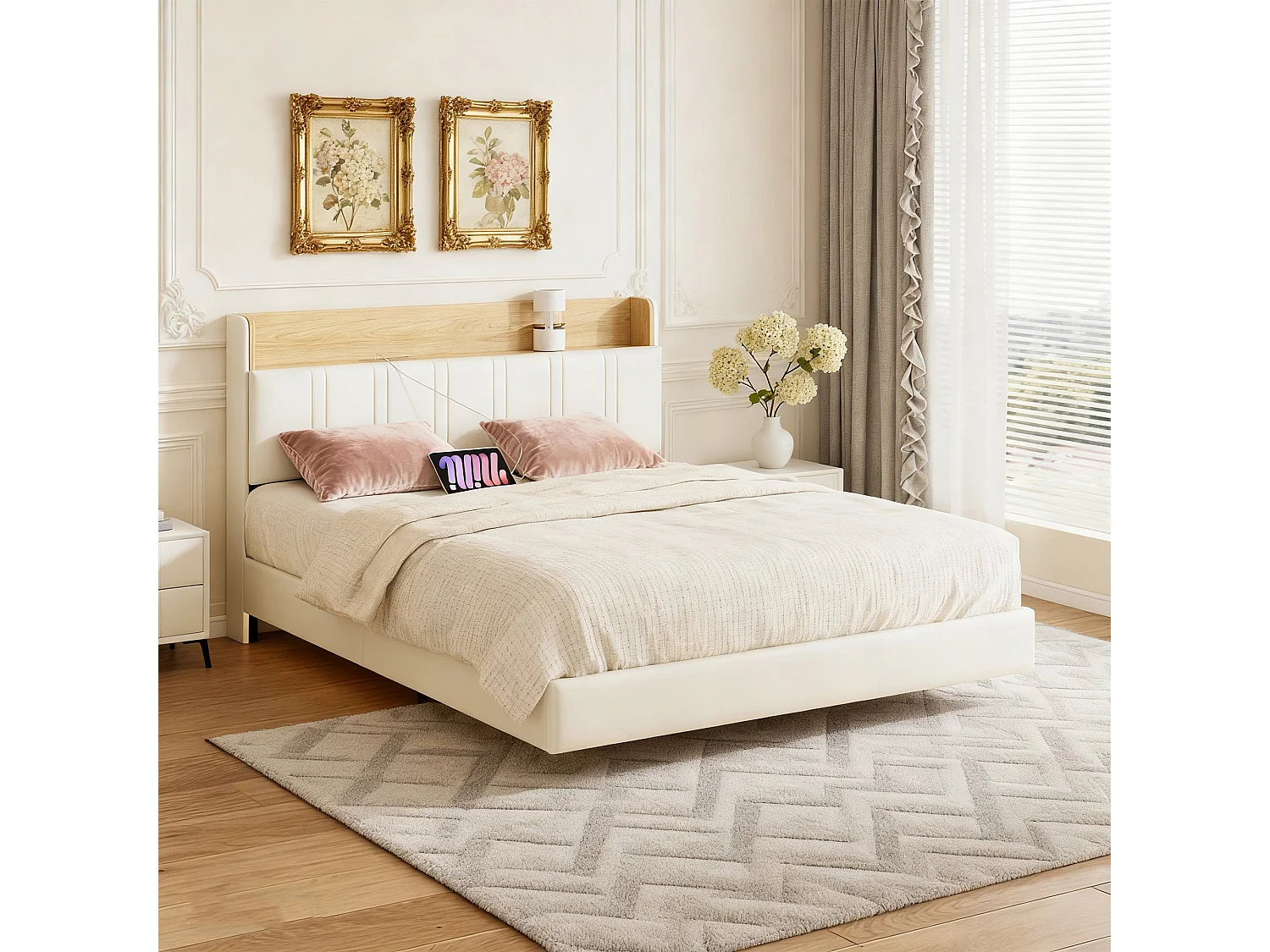 Lit 140x200 cm - USB - LED réglable - Avec casiers - Sac en tissu - lit flottant - cadre de lit double 140x200 cm - PU - Blanc