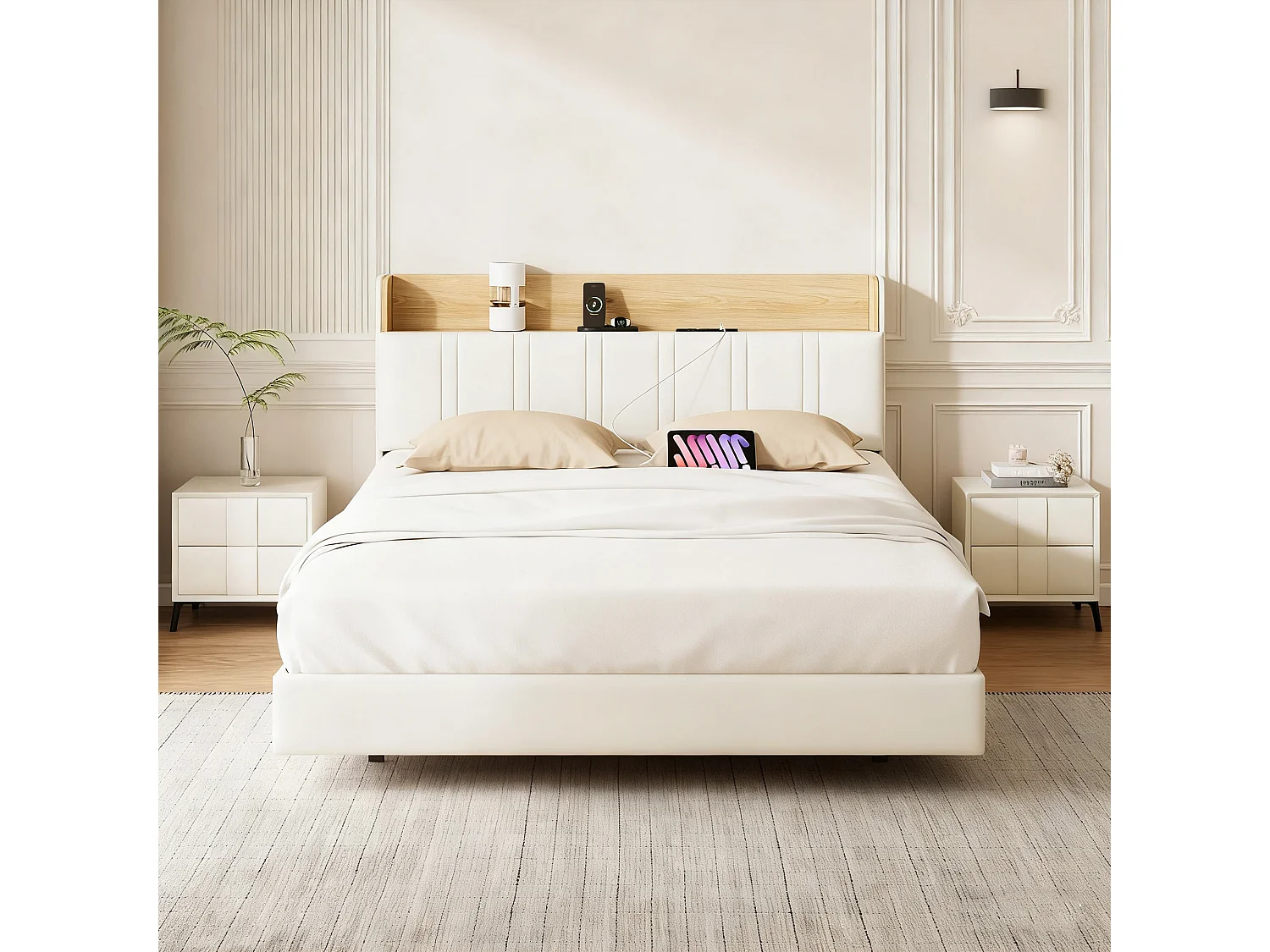 Lit 140x200 cm - USB - LED réglable - Avec casiers - Sac en tissu - lit flottant - cadre de lit double 140x200 cm - PU - Blanc