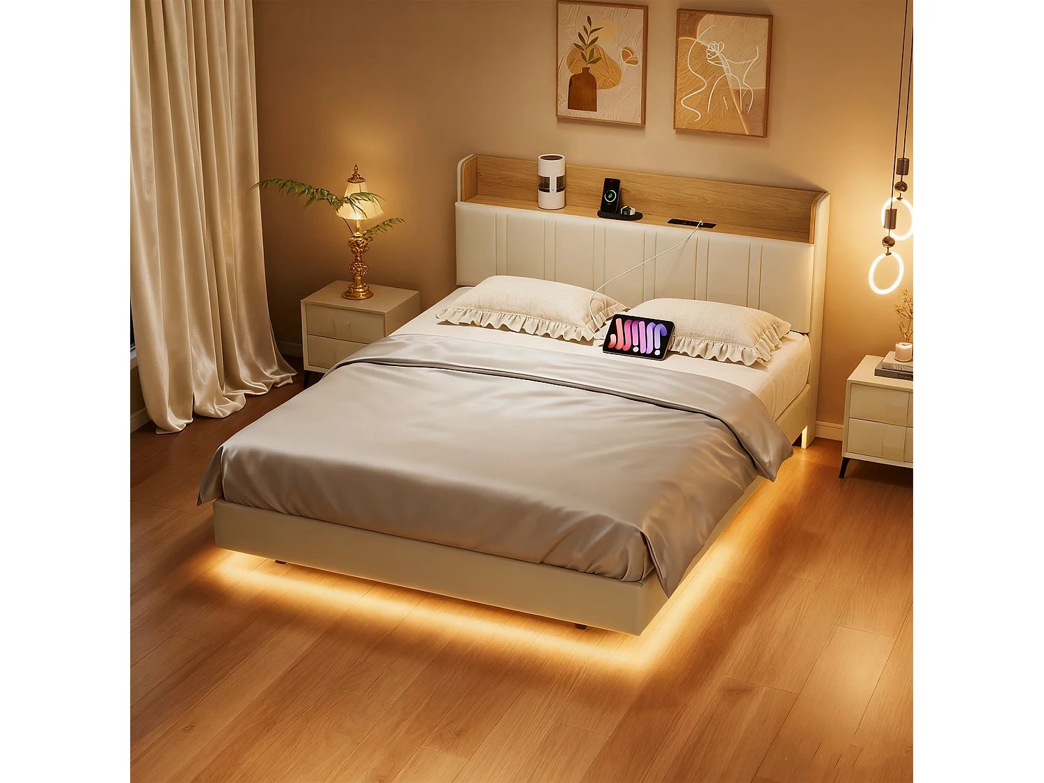 Lit 140x200 cm - USB - LED réglable - Avec casiers - Sac en tissu - lit flottant - cadre de lit double 140x200 cm - PU - Blanc