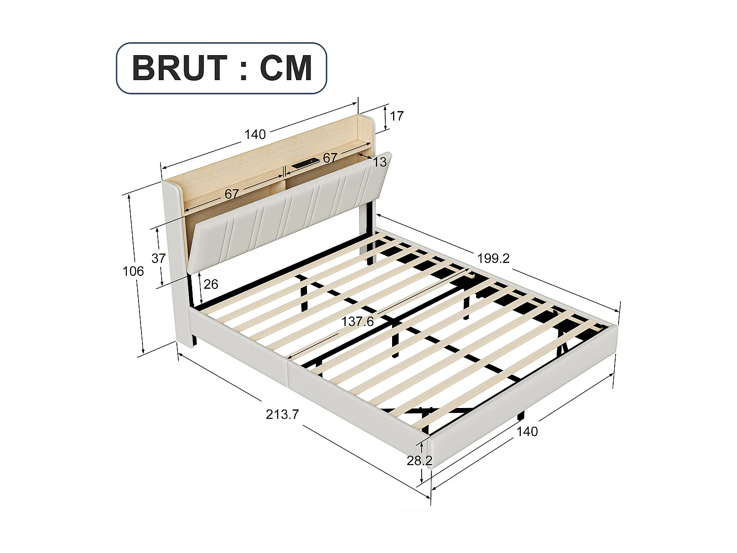 Lit 140x200 cm - USB - LED réglable - Avec casiers - Sac en tissu - lit flottant - cadre de lit double 140x200 cm - PU - Blanc