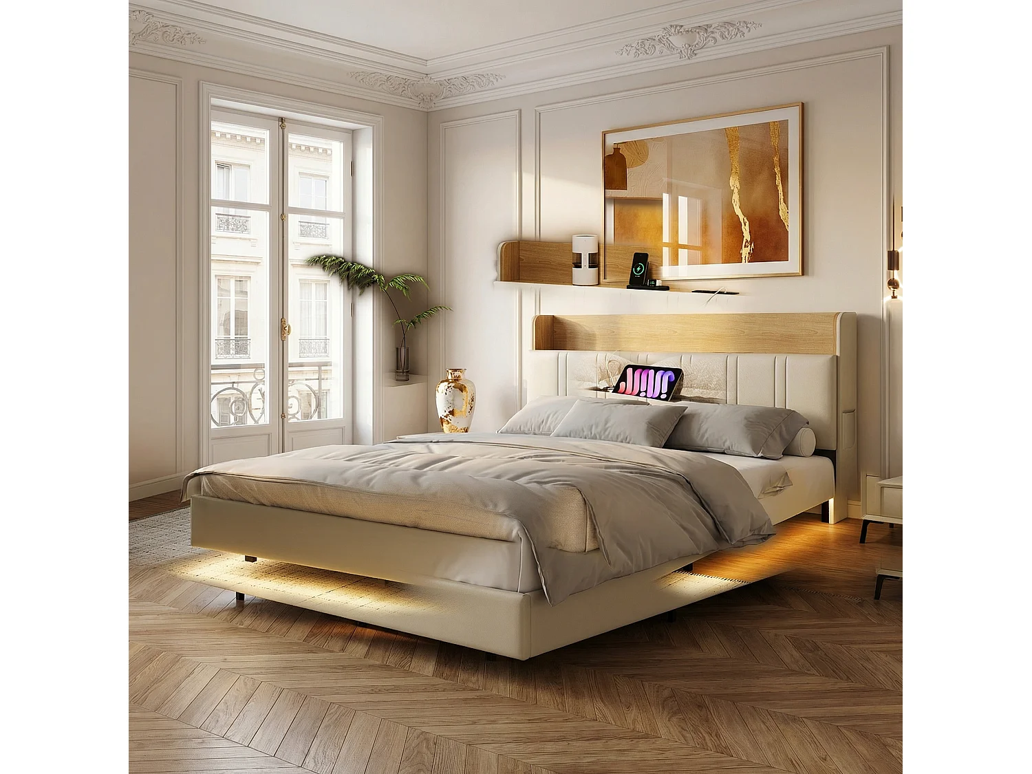 Bed 140x200 cm - USB - Verstelbare LED - Met opbergvakken - Stoffen tas - Zwevend bed - 140x200 cm tweepersoonsbedframe - PU - Wit