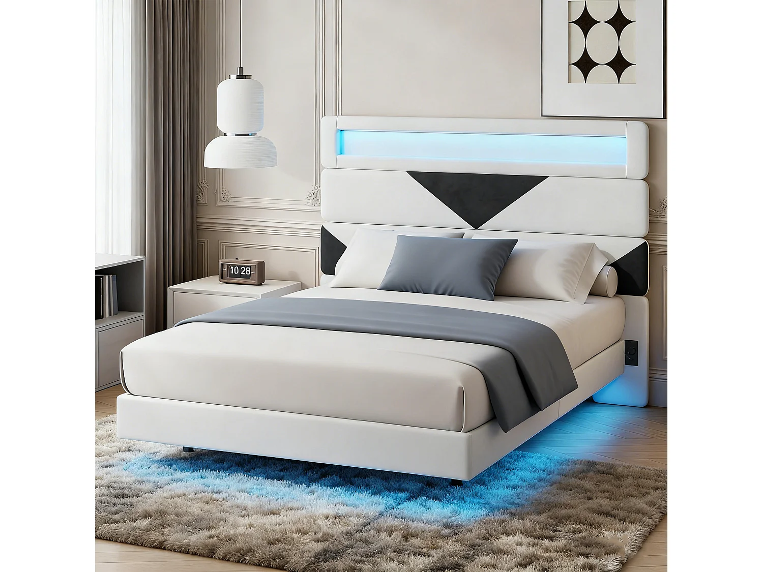 NEXU Structure de Lit Double, 160 x 200 cm, Lit Flottant, Lit avec Éclairage LED, Tête de lit réglable, USB, Blanc cassé