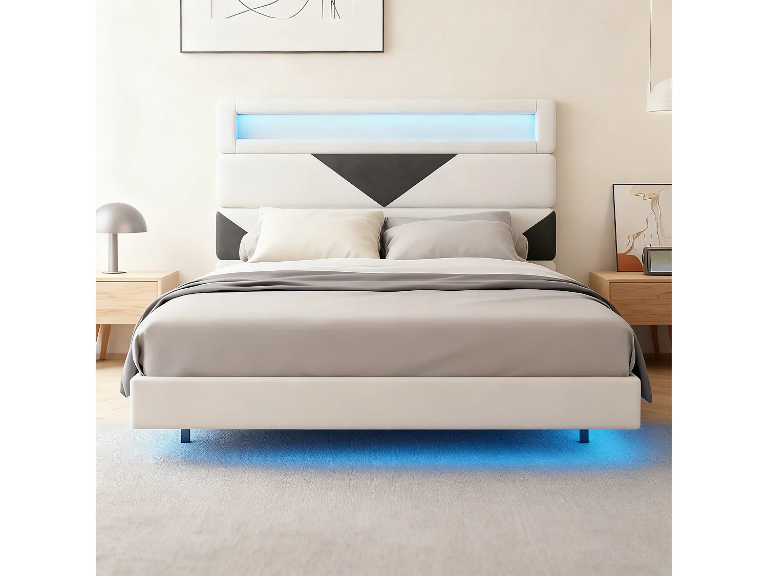 NEXU Structure de Lit Double, 160 x 200 cm, Lit Flottant, Lit avec Éclairage LED, Tête de lit réglable, USB, Blanc cassé