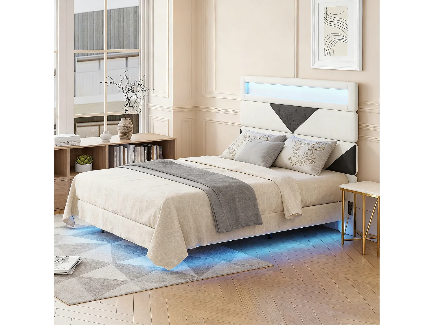 NEXU Structure de Lit Double, 160 x 200 cm, Lit Flottant, Lit avec Éclairage LED, Tête de lit réglable, USB, Blanc cassé