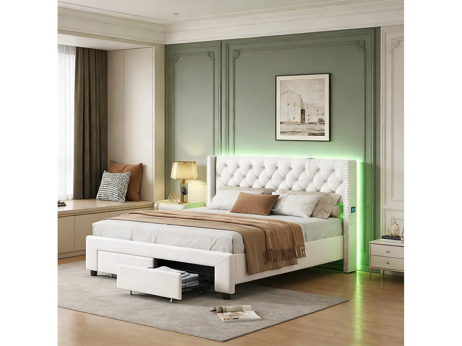 Lit 140x190 cm - POCKETPOP - USB et LED - Moderne - Velours - cadre de lit double 140x190 cm - Blanc cassé