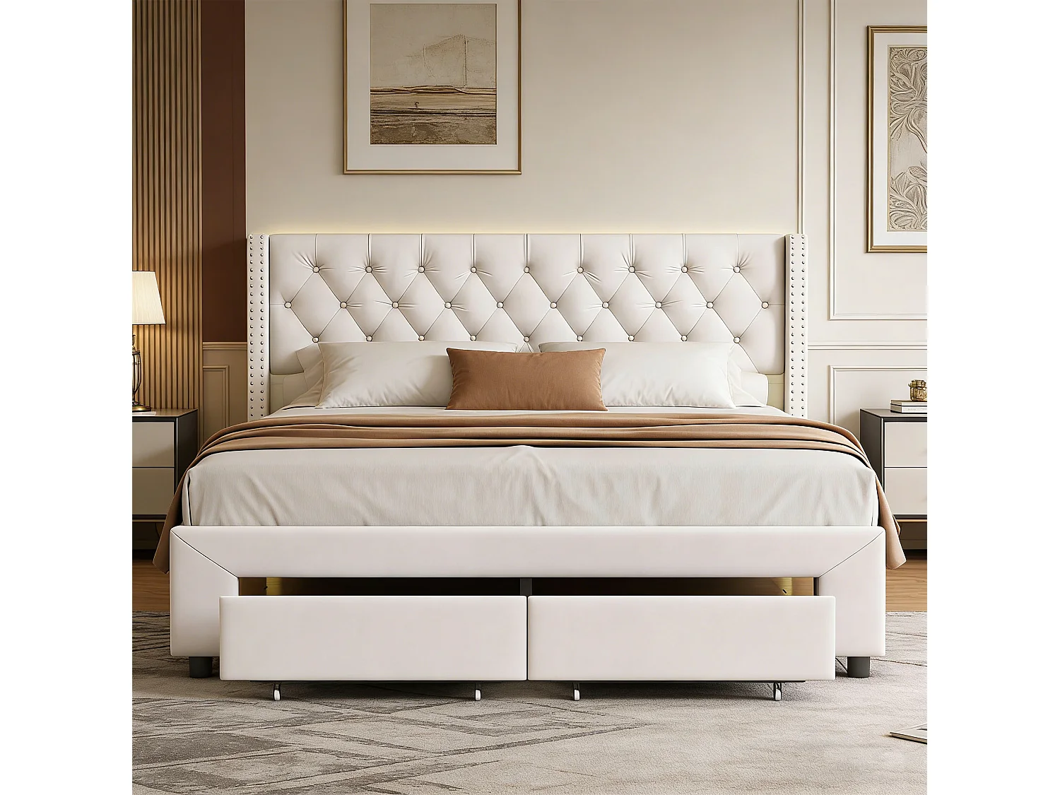 Lit 140x190 cm - POCKETPOP - USB et LED - Moderne - Velours - cadre de lit double 140x190 cm - Blanc cassé