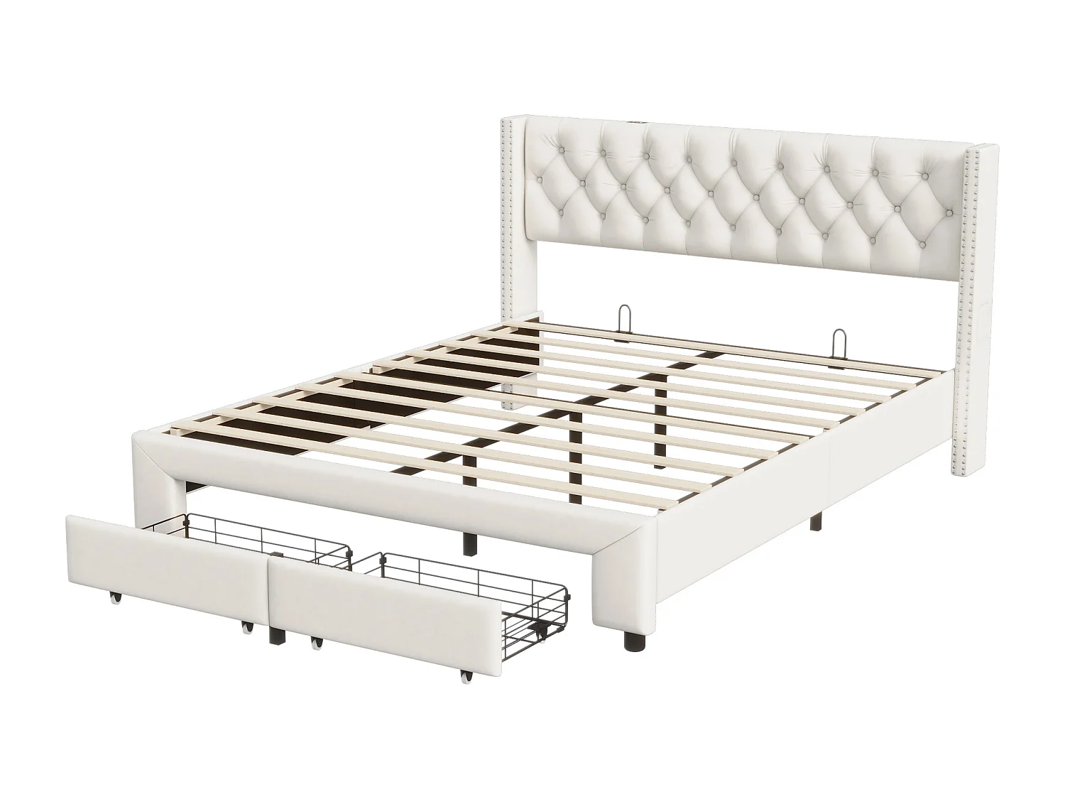 Lit 140x190 cm - POCKETPOP - USB et LED - Moderne - Velours - cadre de lit double 140x190 cm - Blanc cassé