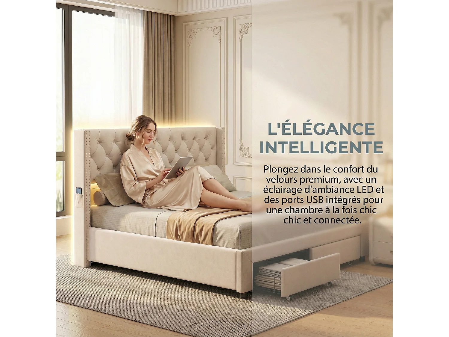 Bed 140x190 cm POCKETPOP gebroken wit fluweel met LED-verlichting, USB-poorten en modern design