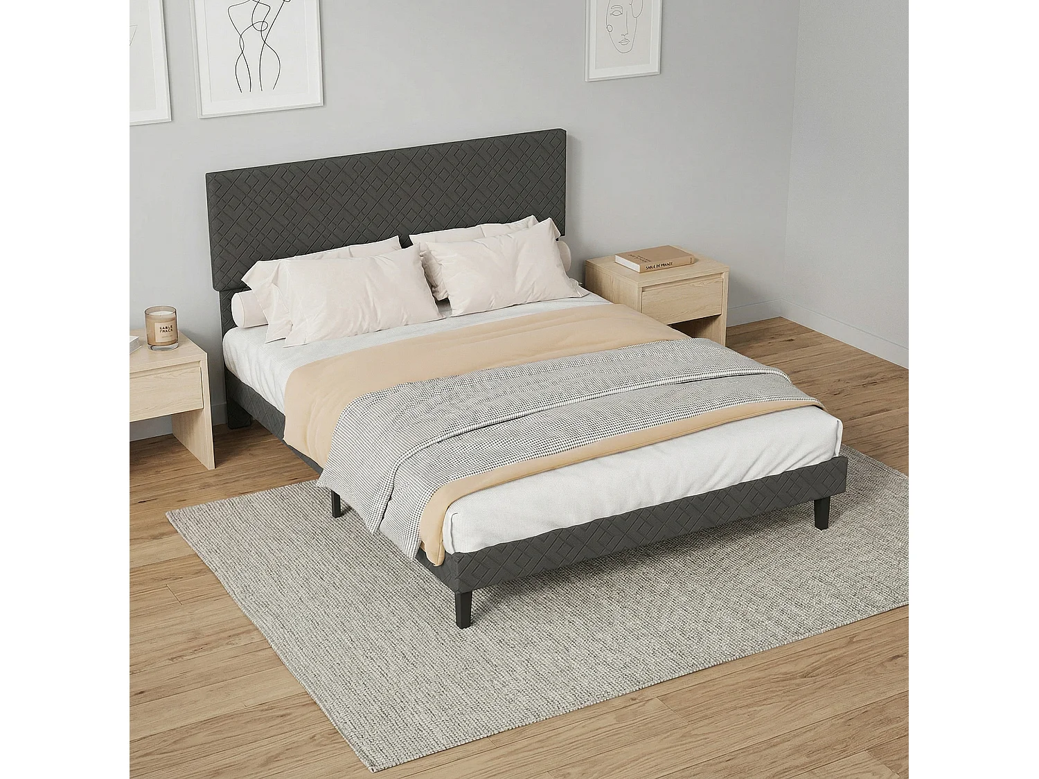Lit 160x200 Gris - Tête de Lit Rembourrée - Structure Métal - Sommier Lattes Inclus