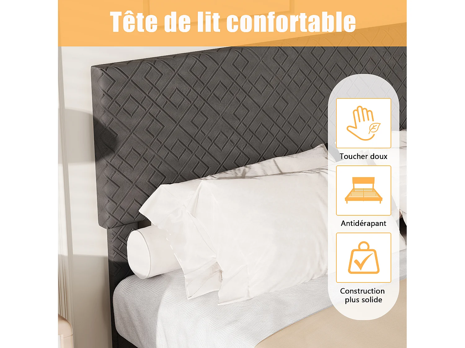 Lit 160x200 Gris - Tête de Lit Rembourrée - Structure Métal - Sommier Lattes Inclus