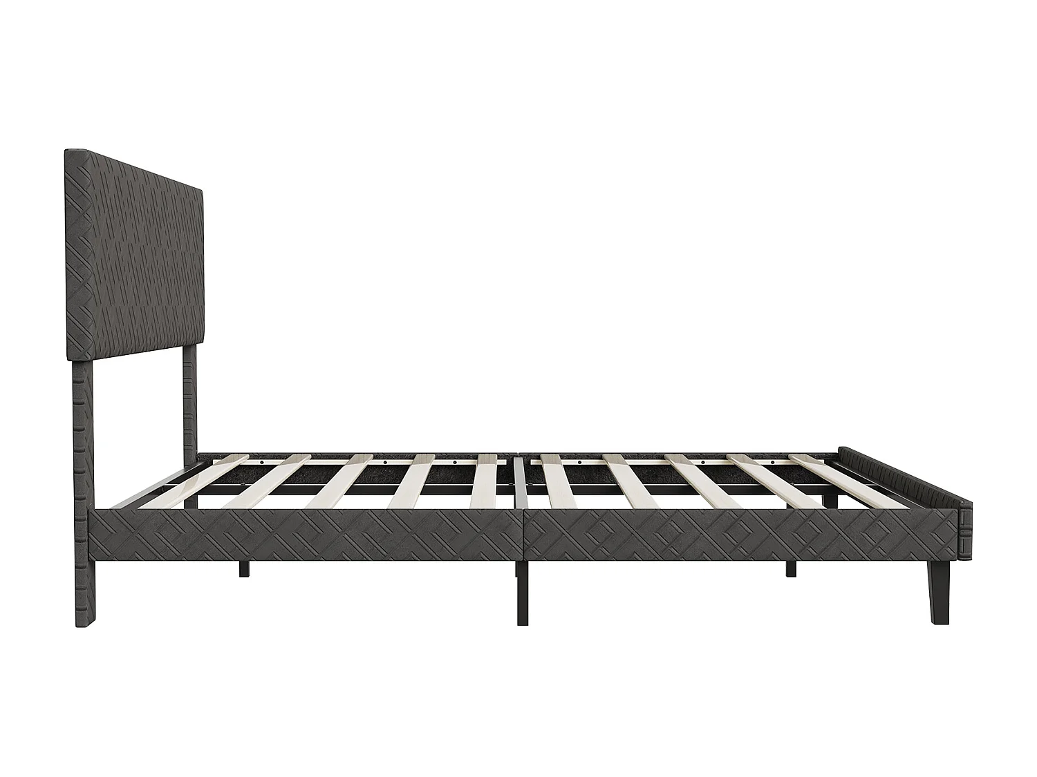 Lit 160x200 Gris - Tête de Lit Rembourrée - Structure Métal - Sommier Lattes Inclus