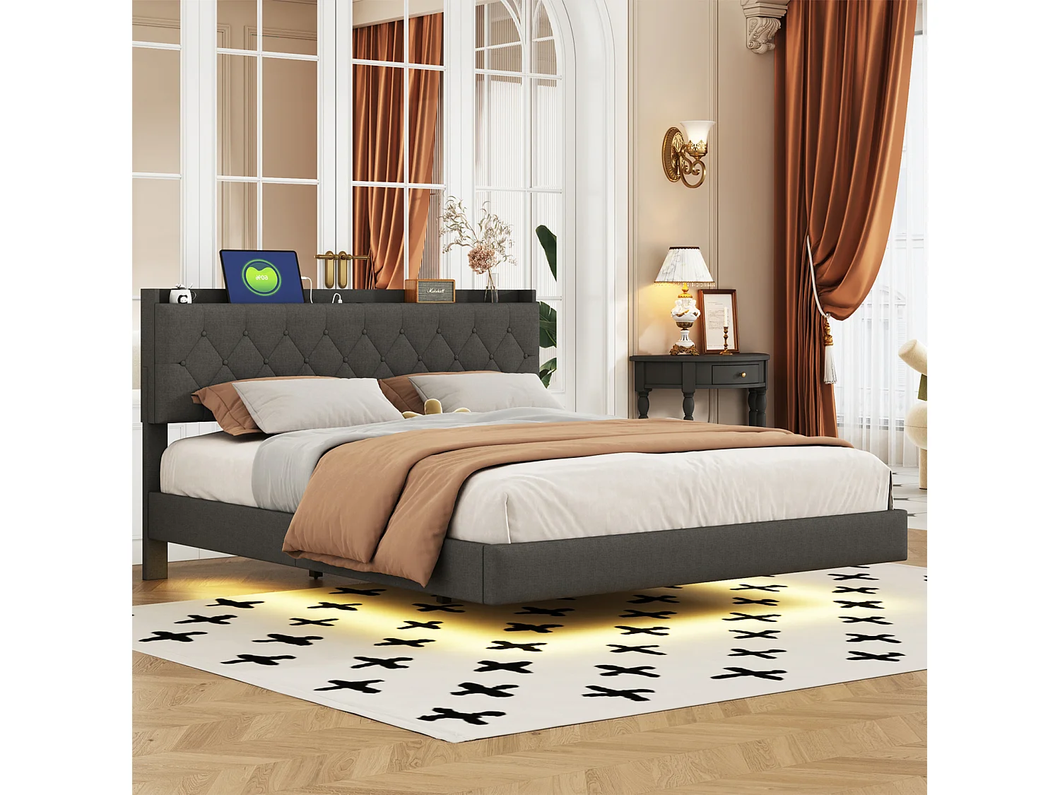 NEXU Structure de Lit Double, 160 x 200 cm, Lit Flottant, Lit adulte avec Éclairage LED, sommier à lattes, Multiprise, Gris