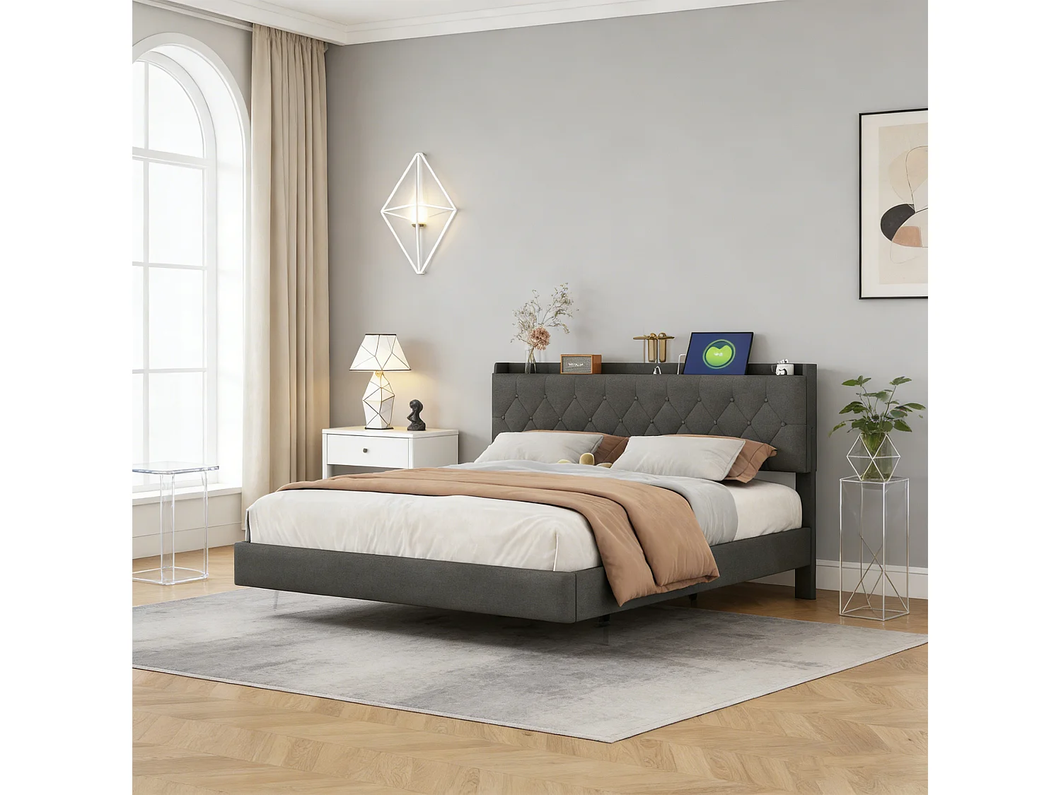 NEXU Structure de Lit Double, 160 x 200 cm, Lit Flottant, Lit adulte avec Éclairage LED, sommier à lattes, Multiprise, Gris