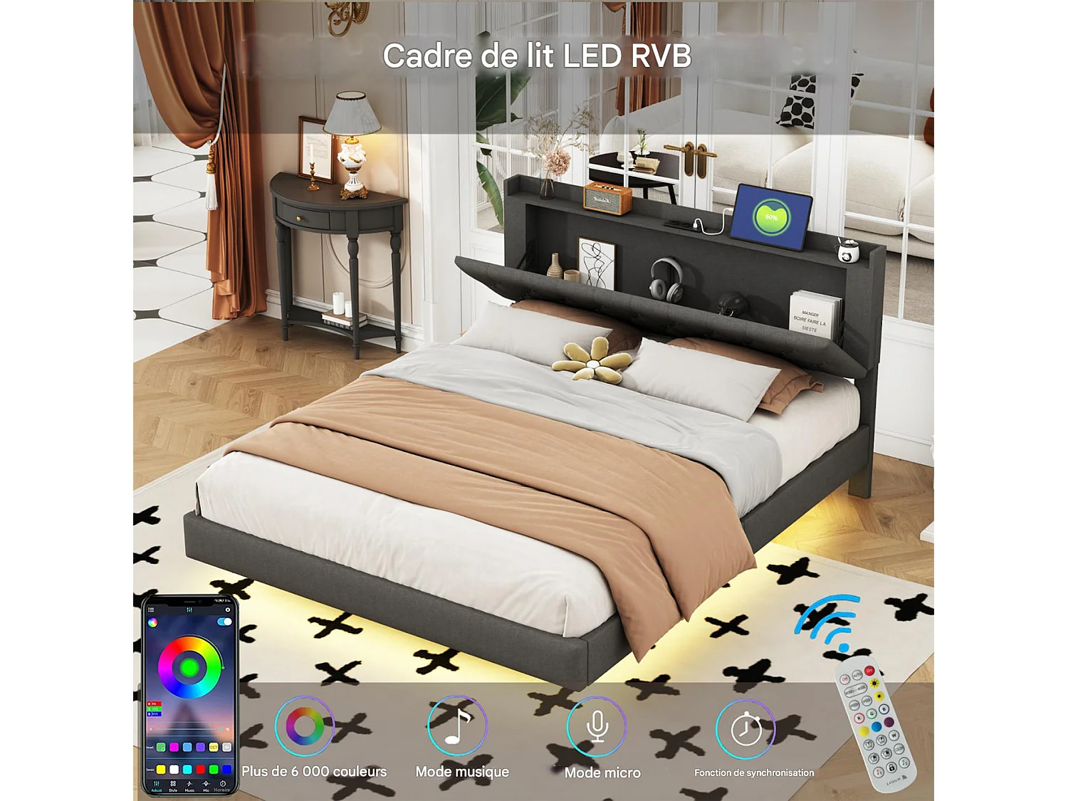 NEXU Structure de Lit Double, 160 x 200 cm, Lit Flottant, Lit adulte avec Éclairage LED, sommier à lattes, Multiprise, Gris