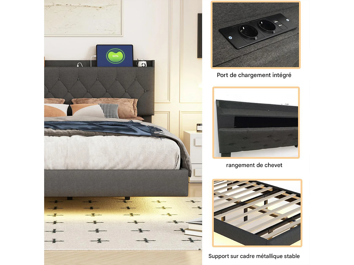 NEXU Structure de Lit Double, 160 x 200 cm, Lit Flottant, Lit adulte avec Éclairage LED, sommier à lattes, Multiprise, Gris