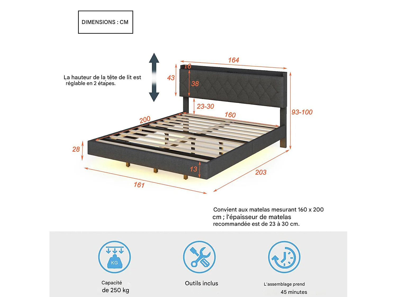 NEXU Structure de Lit Double, 160 x 200 cm, Lit Flottant, Lit adulte avec Éclairage LED, sommier à lattes, Multiprise, Gris