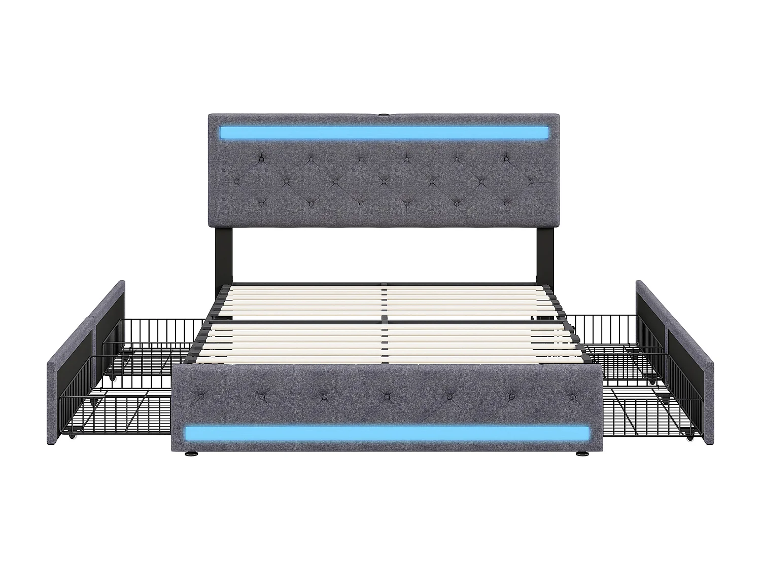 Lit 140x190 - NEXU - 4 tiroirs - RGB LED - Tête de lit - lit double - USB - Lin - Gris