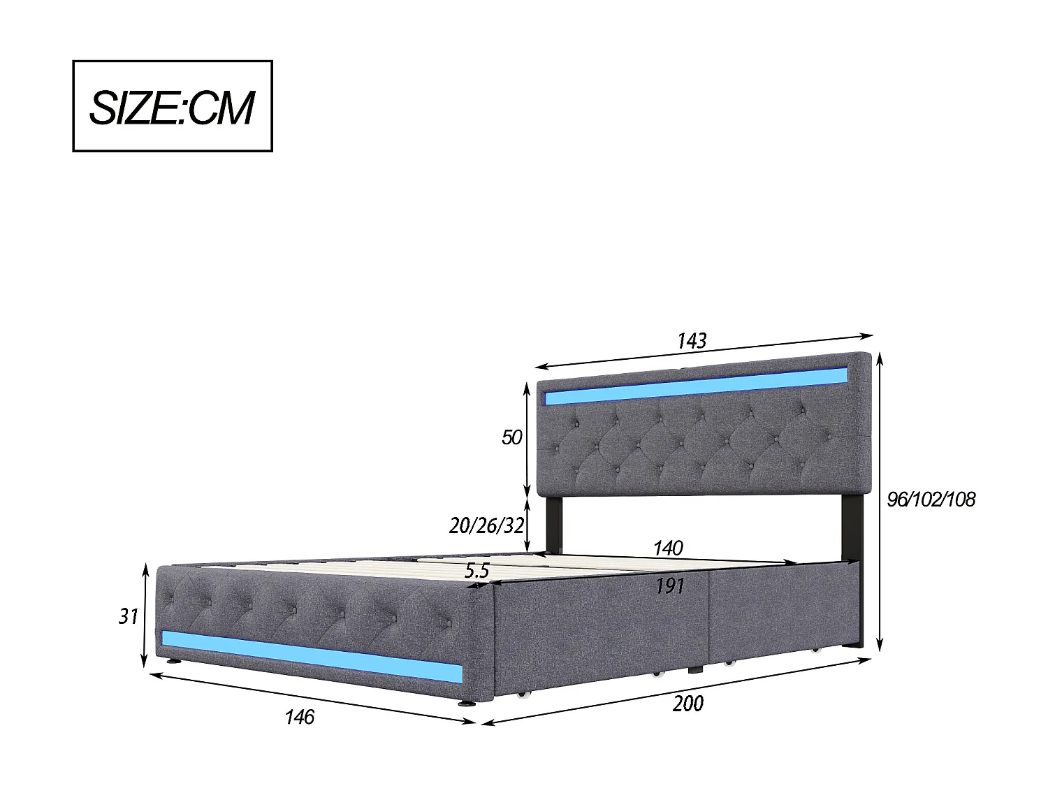 Lit 140x190 - NEXU - 4 tiroirs - RGB LED - Tête de lit - lit double - USB - Lin - Gris